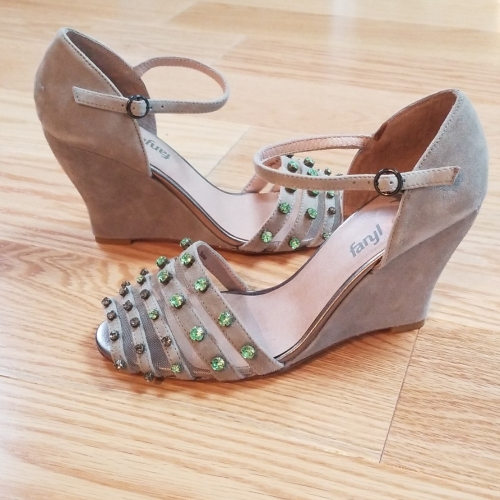 Anthropologie gray leather jeweled wedge shoes